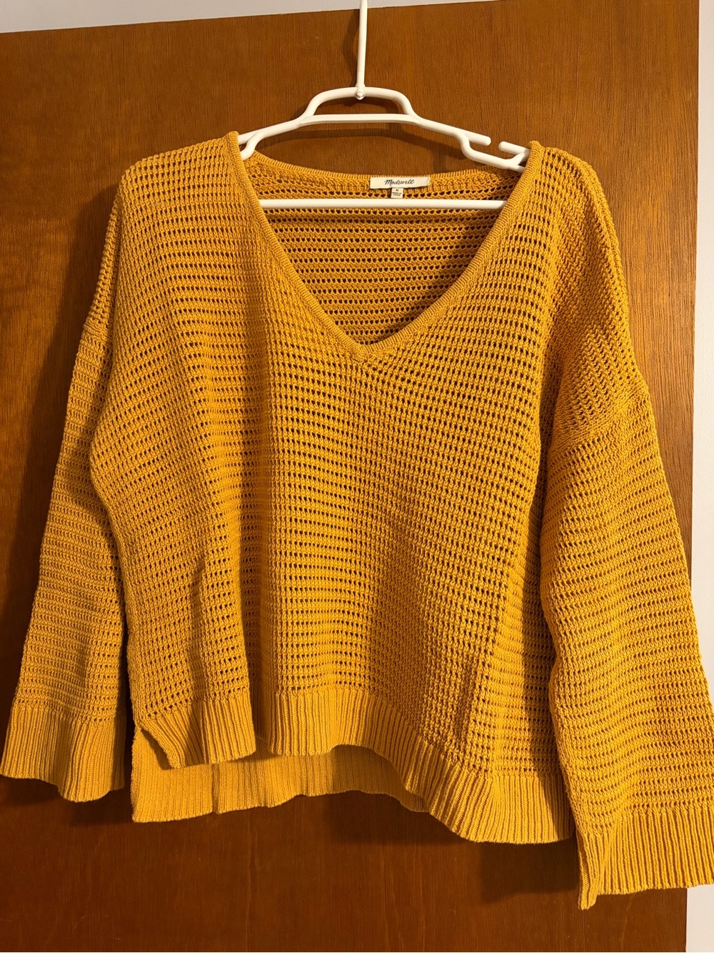 Madewell Mustard Yellow Open-Knit V-Neck Sweater